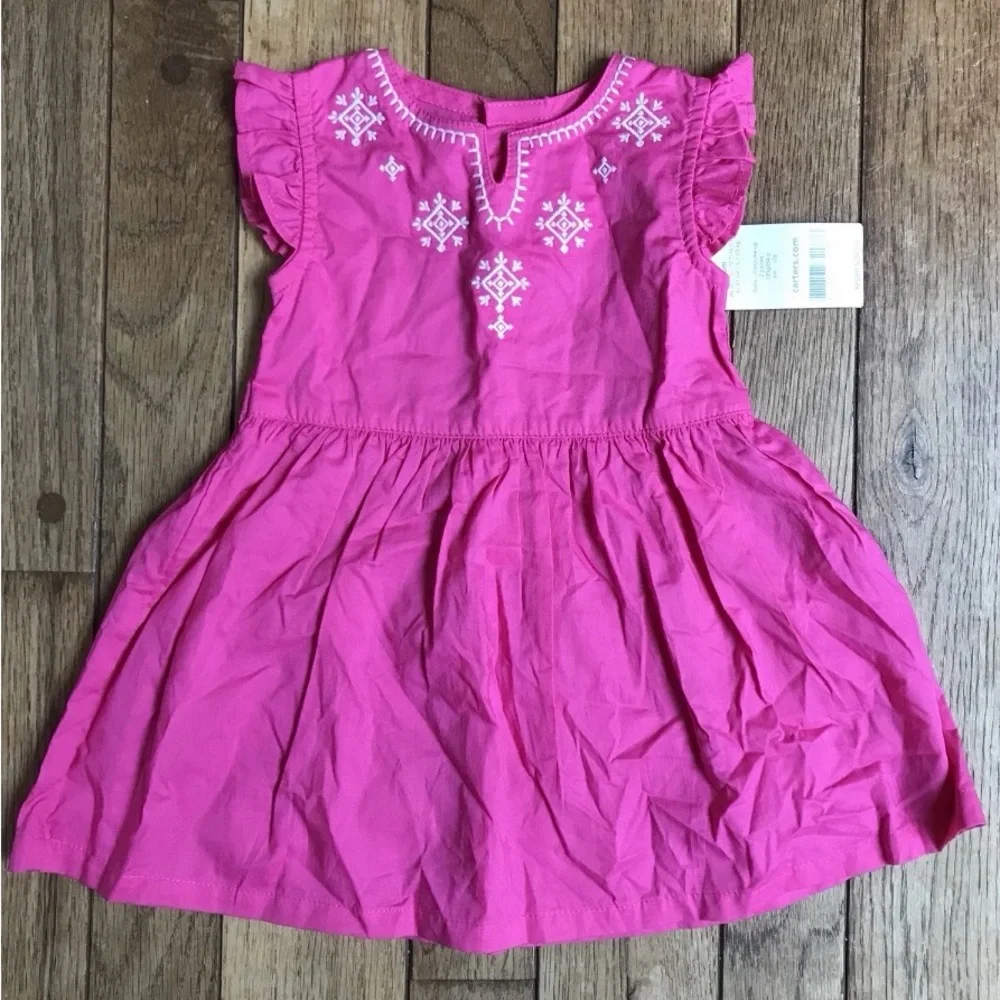 New Carter's Dark Pink Dress White Embroidery Flutter Sleeve Size 6M Summer BBq
